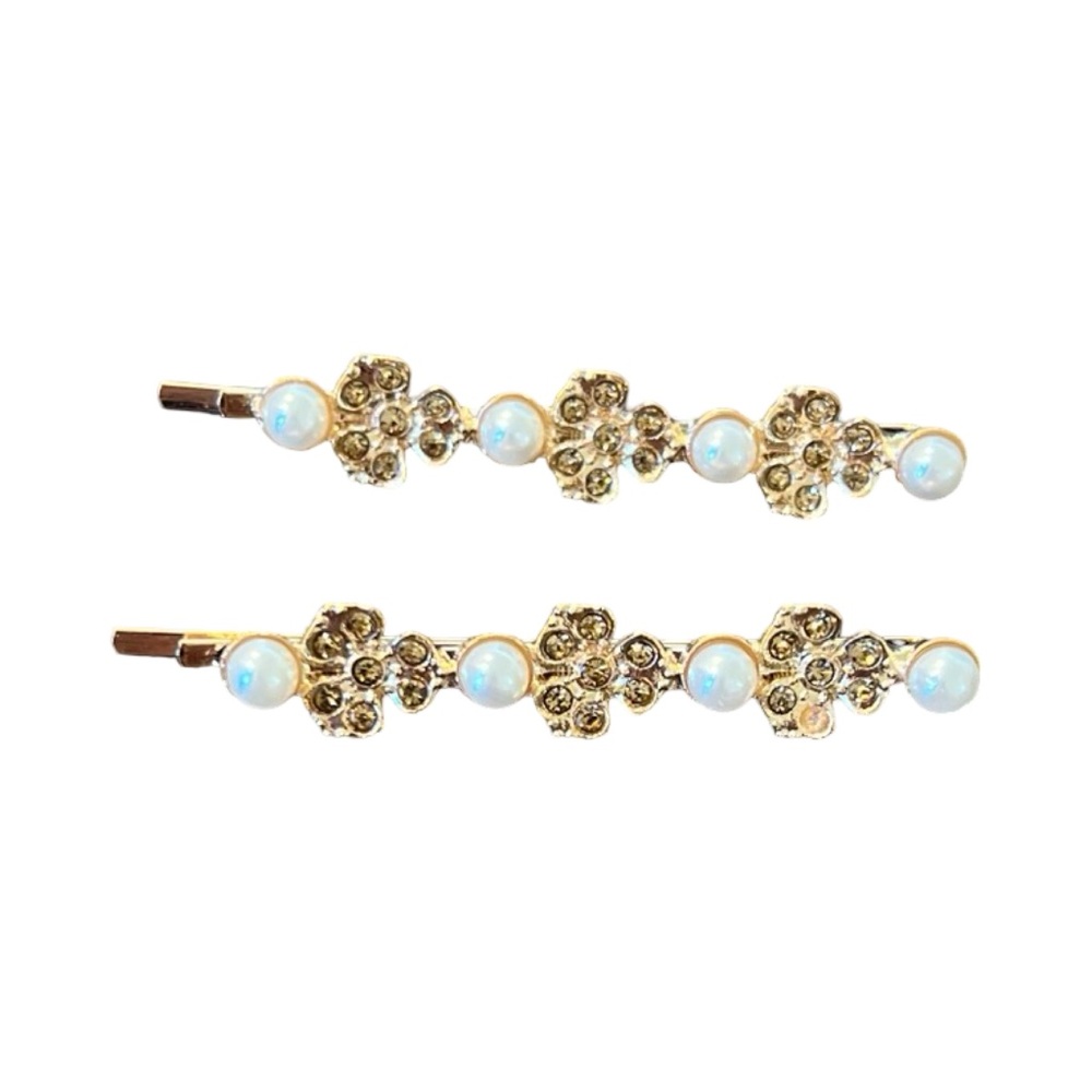 Elegant Gold Crystal Rhinestone and Pearl Floral Hair Barrettes 2.5” - Picture 3 of 3